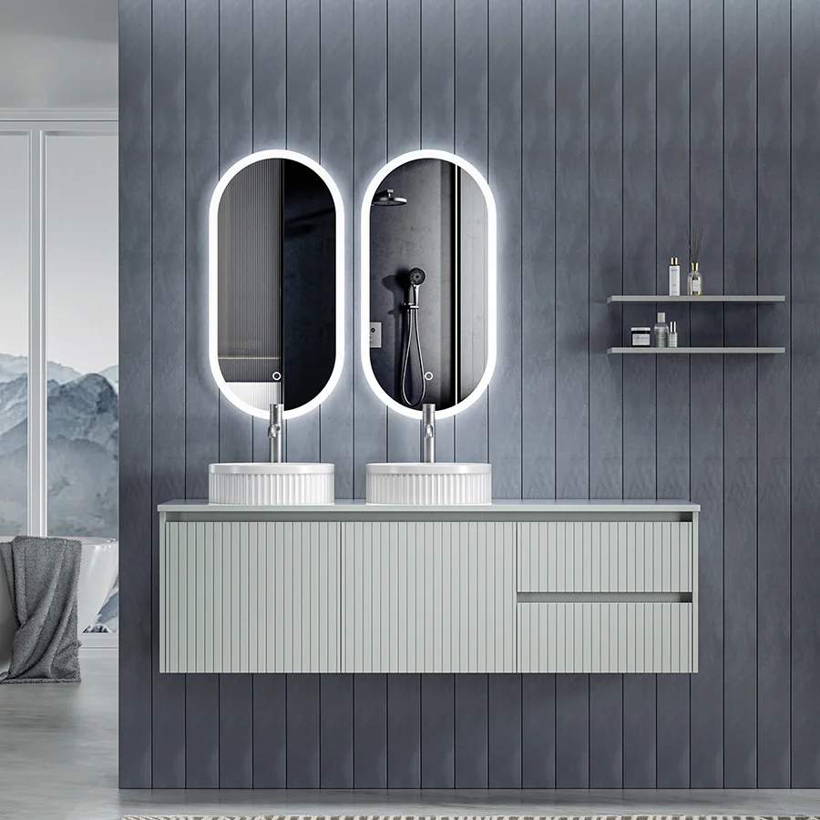 Modern Wall Mounted Fluted Double Sink Bathroom Vanity