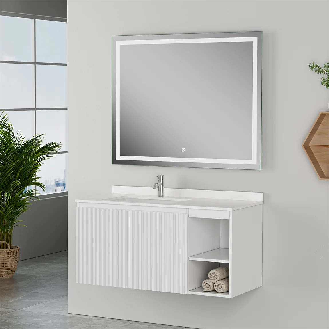 Modern White Floating Bathroom Vanity with Open Shelf