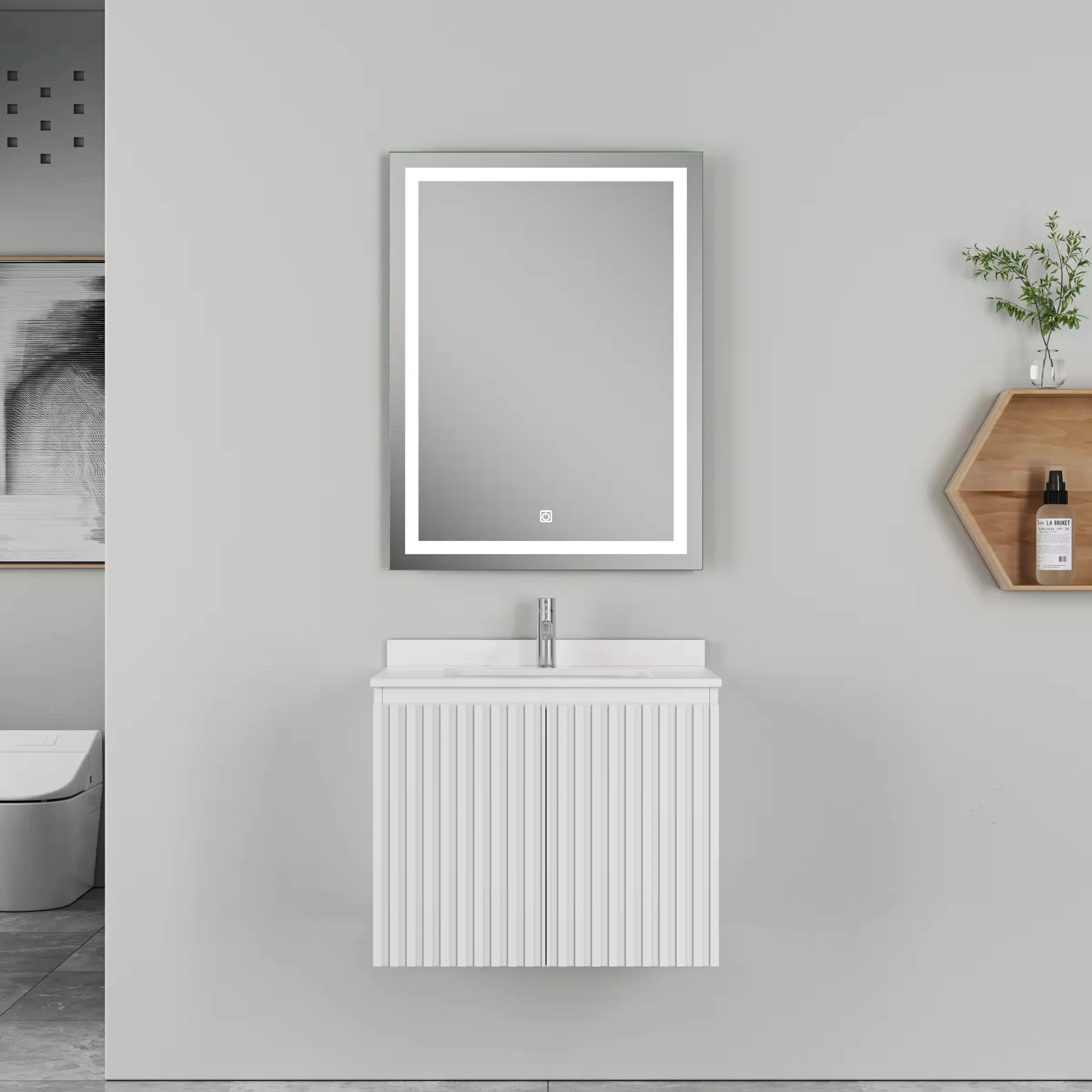 Modern White Floating Bathroom Vanity with Open Shelf