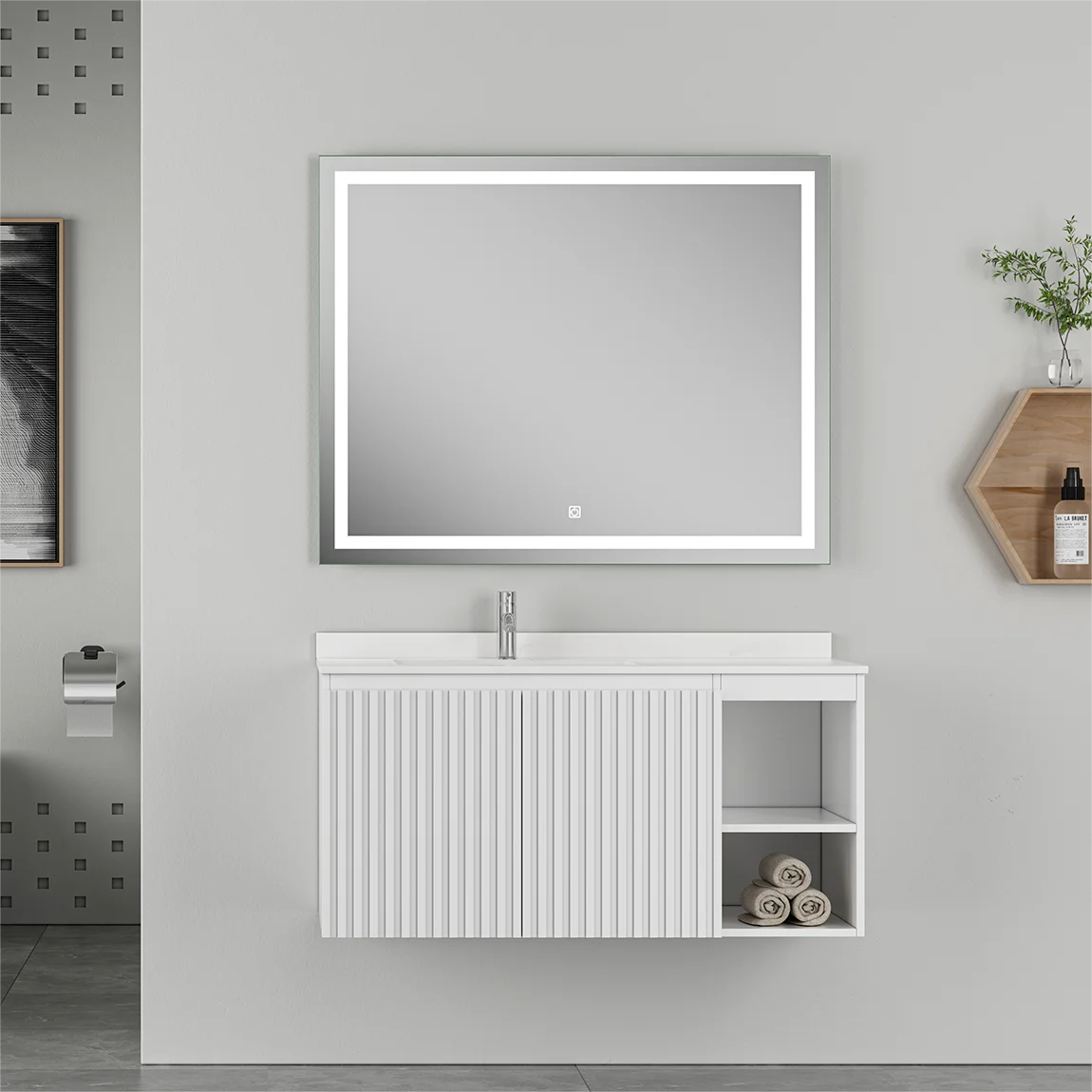 Modern White Floating Bathroom Vanity with Open Shelf