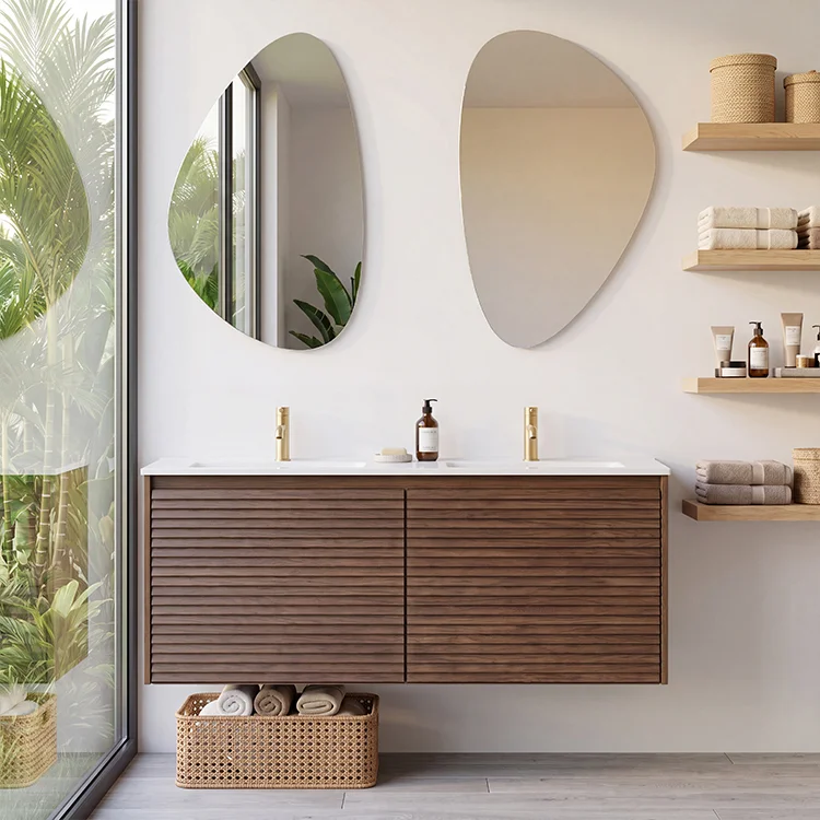 Natural Oak Fluted Wall Mounted Bathroom Vanity