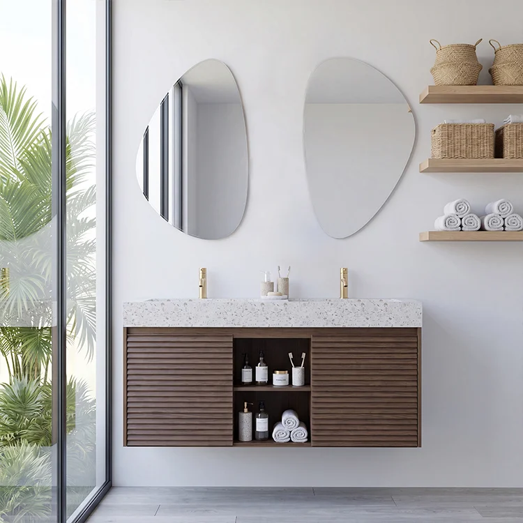 Natural Oak Fluted Wall Mounted Bathroom Vanity