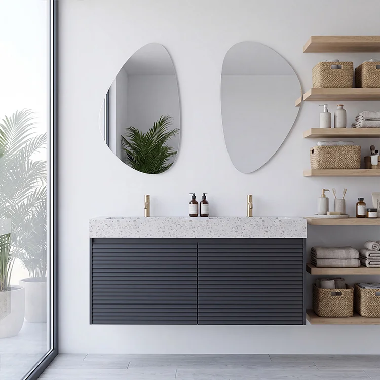 Natural Oak Fluted Wall Mounted Bathroom Vanity