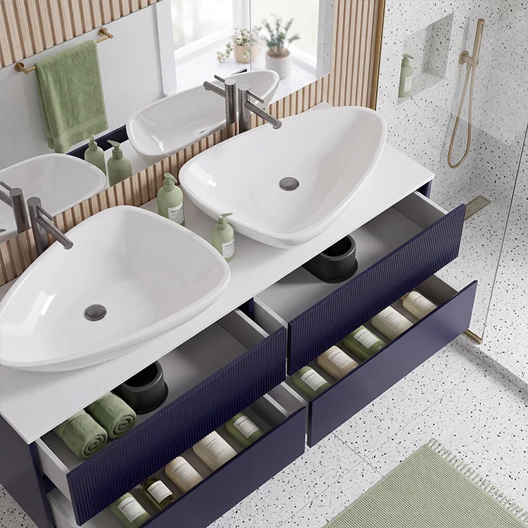 Natural Wood Double Sink Fluted Bathroom Vanity