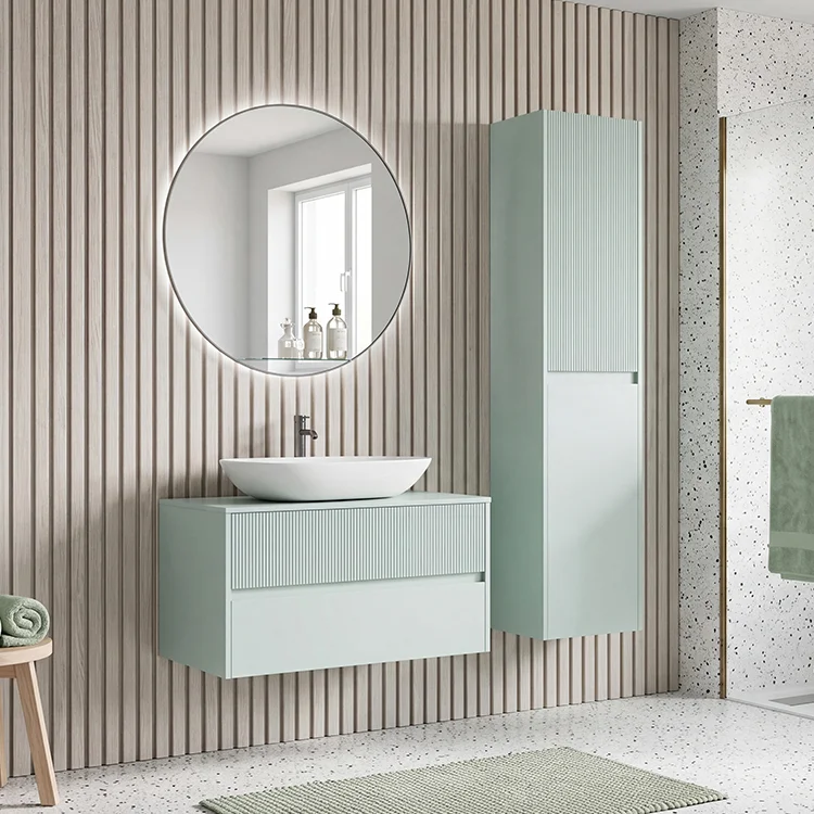 Natural Wood Double Sink Fluted Bathroom Vanity