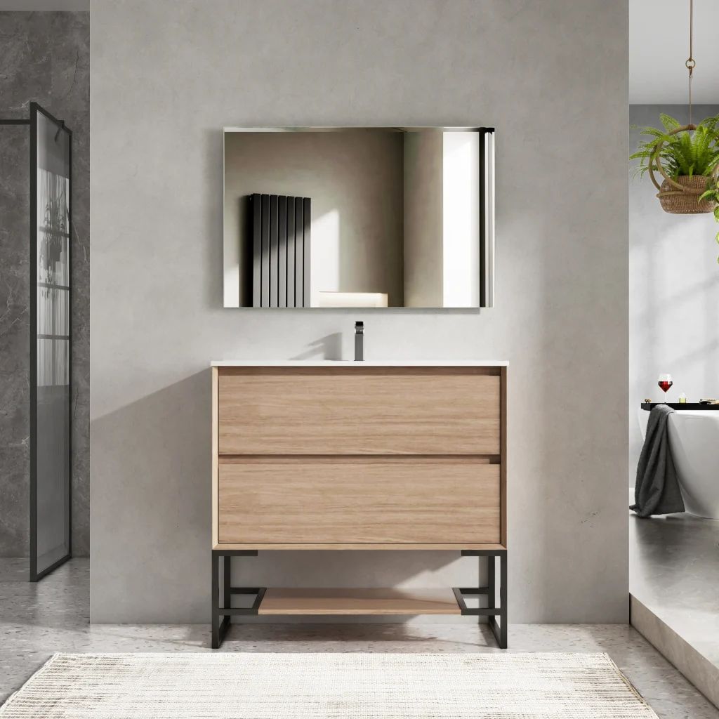Oak Freestanding Bathroom Vanity with Double Drawers and Open Shelf