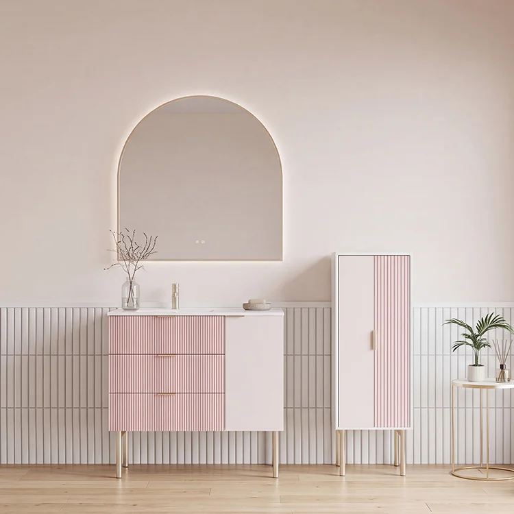 Pink Wall Mounted Bathroom Vanity with Fluted Drawer Design