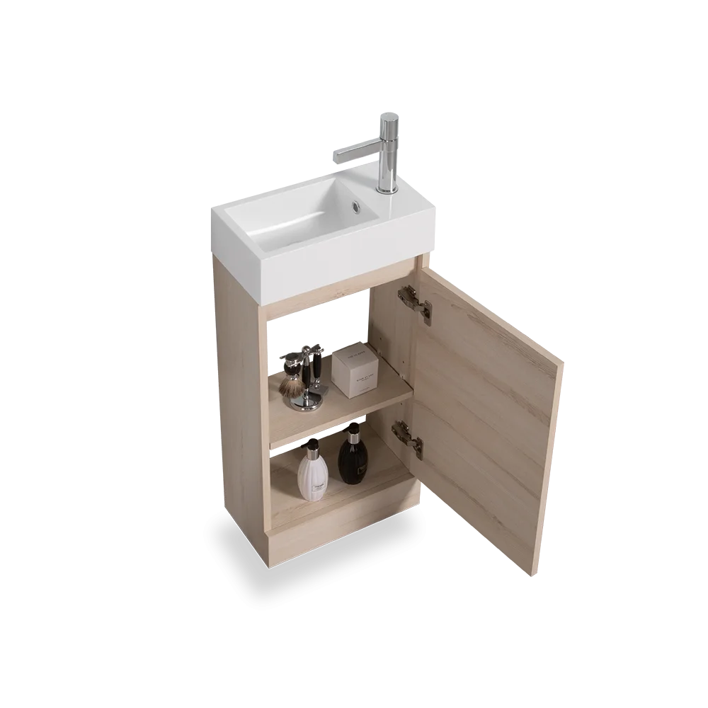 Pearl small bathroom vanity cabinet, angled view