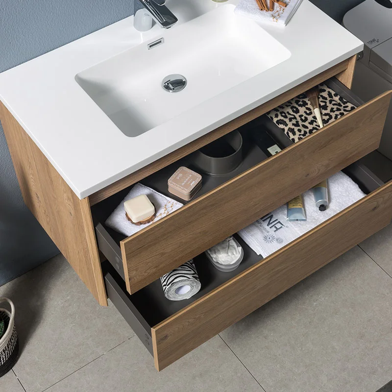 Wall-Mounted MFC Bathroom Vanity for Wholesale Programs, installed bathroom view