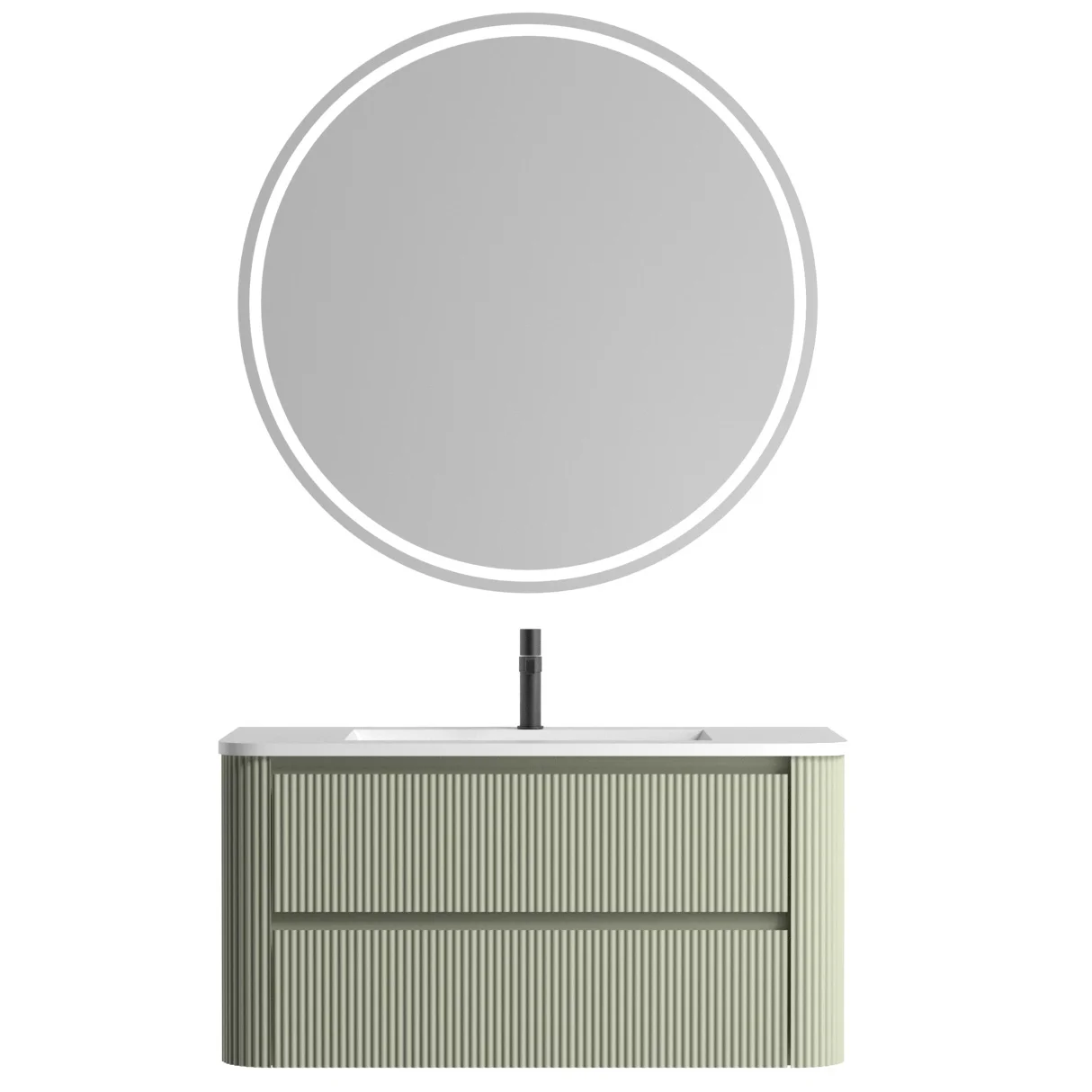 Wall-Mounted Bathroom Vanity with White Undermount Basin, angled view