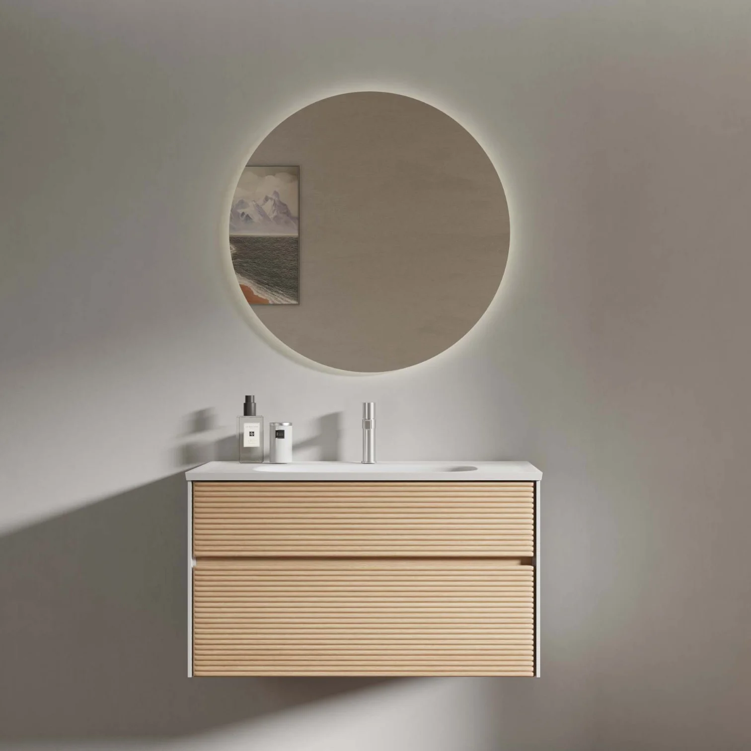 800mm Fluted Wall-Mounted Bathroom Vanity with Solid Surface Basin, front view