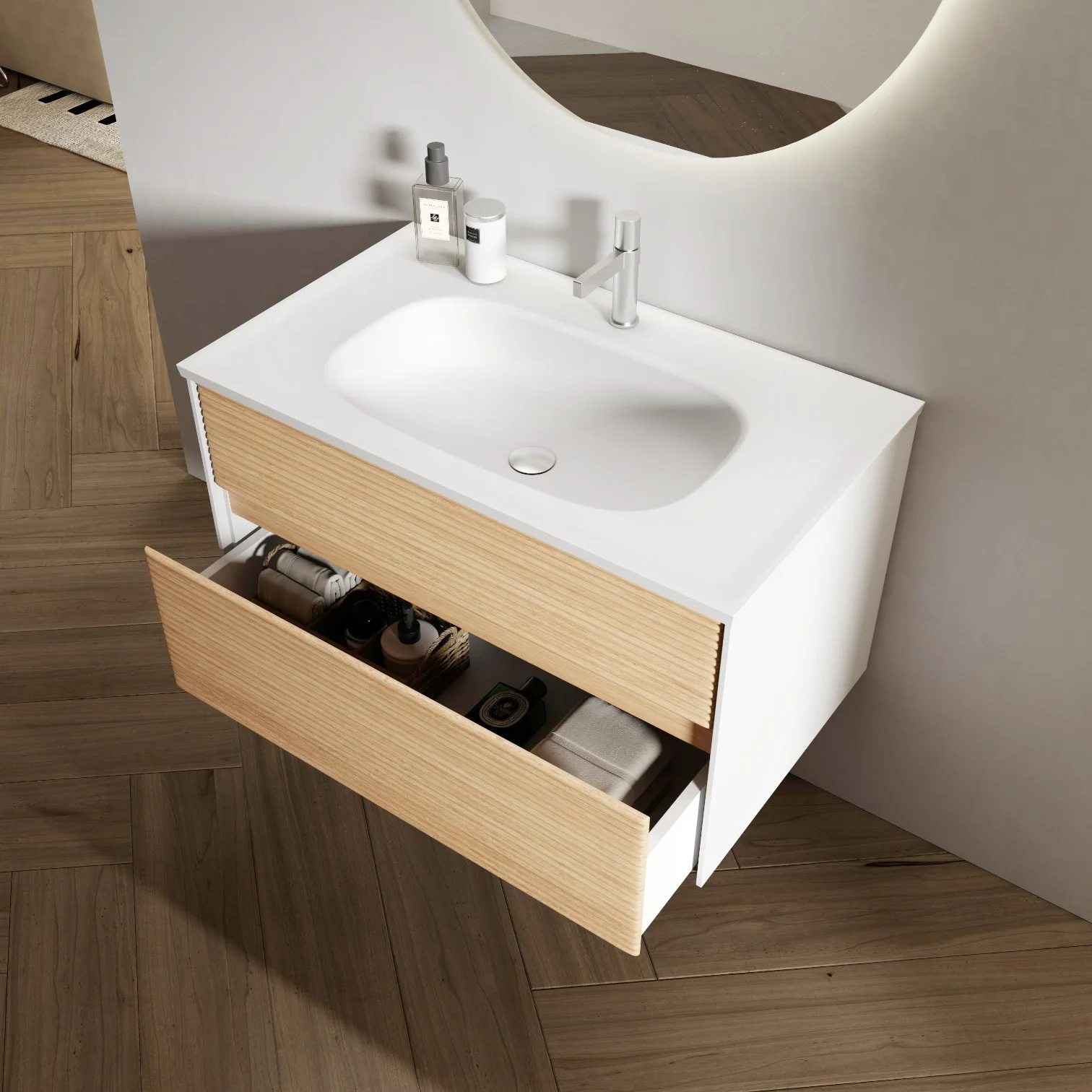 800mm Fluted Wall-Mounted Bathroom Vanity with Solid Surface Basin, angled view