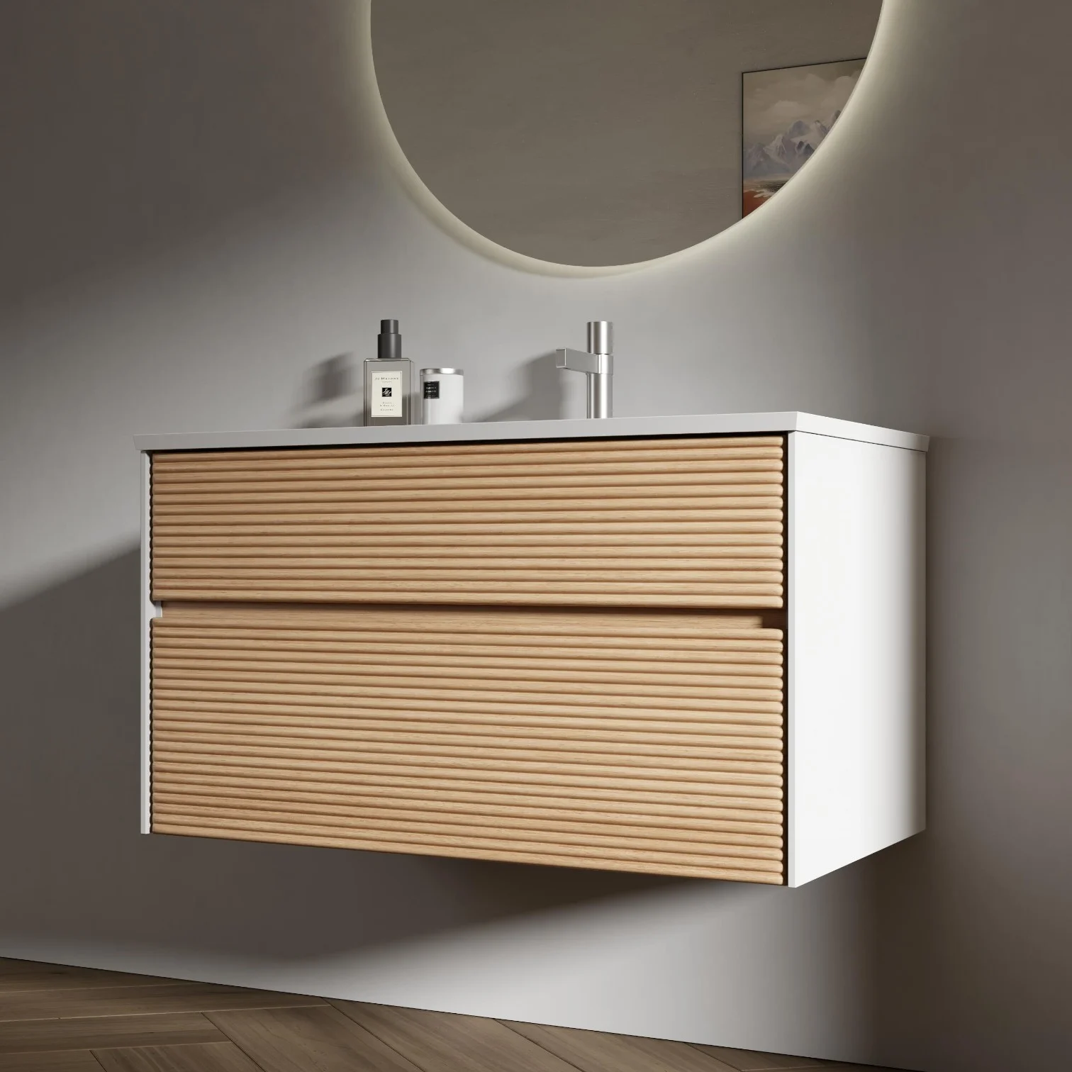 800mm Fluted Wall-Mounted Bathroom Vanity with Solid Surface Basin, side view
