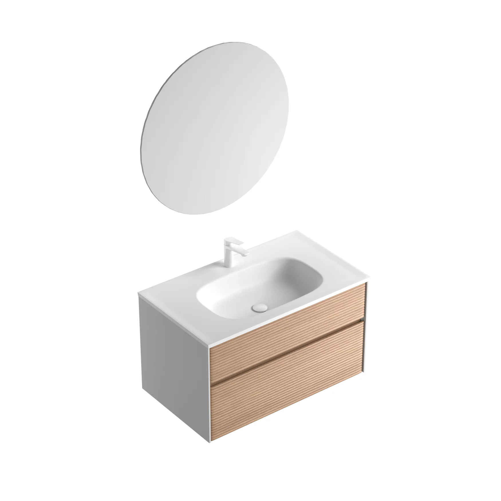 800mm Fluted Wall-Mounted Bathroom Vanity with Solid Surface Basin, open cabinet view