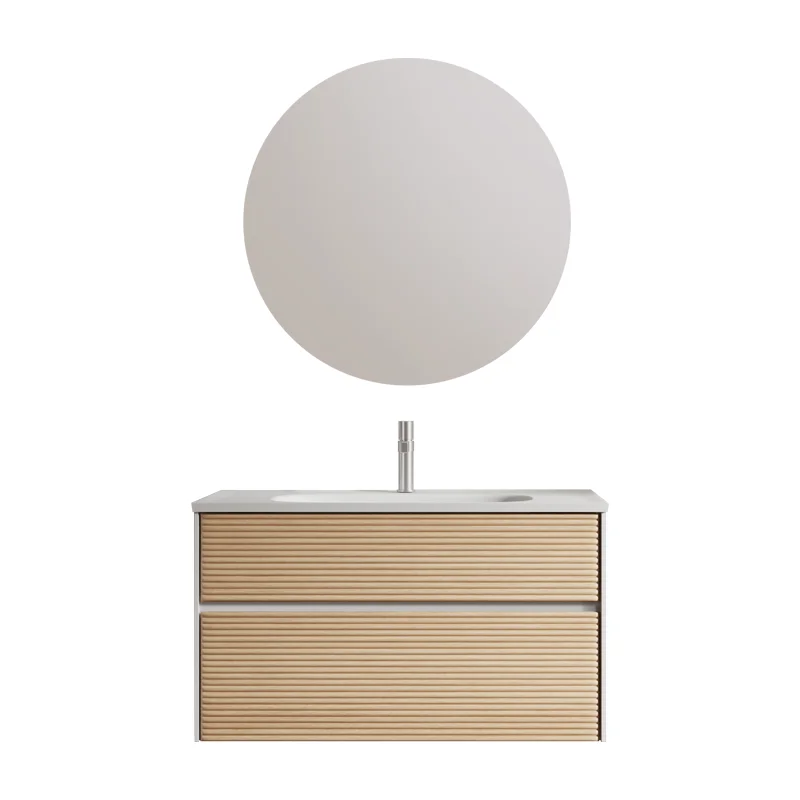 800mm Fluted Wall-Mounted Bathroom Vanity with Solid Surface Basin, installed bathroom view