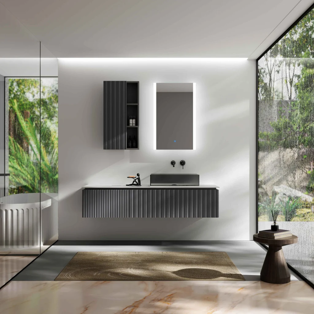65-Inch Floating Wall-Mounted Bathroom Vanity with Glass Vessel Sink