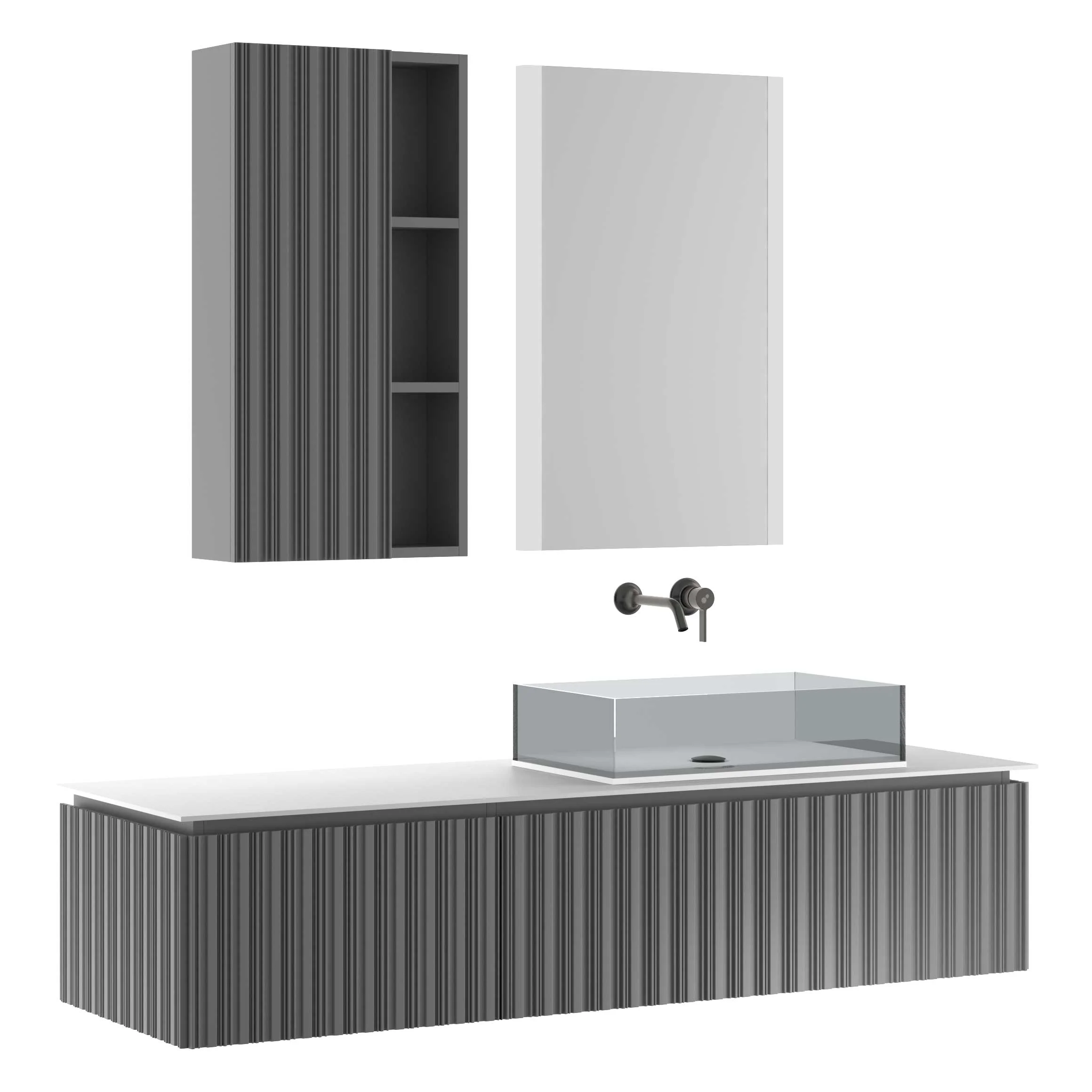 65-Inch Floating Wall-Mounted Bathroom Vanity with Glass Vessel Sink, angled view