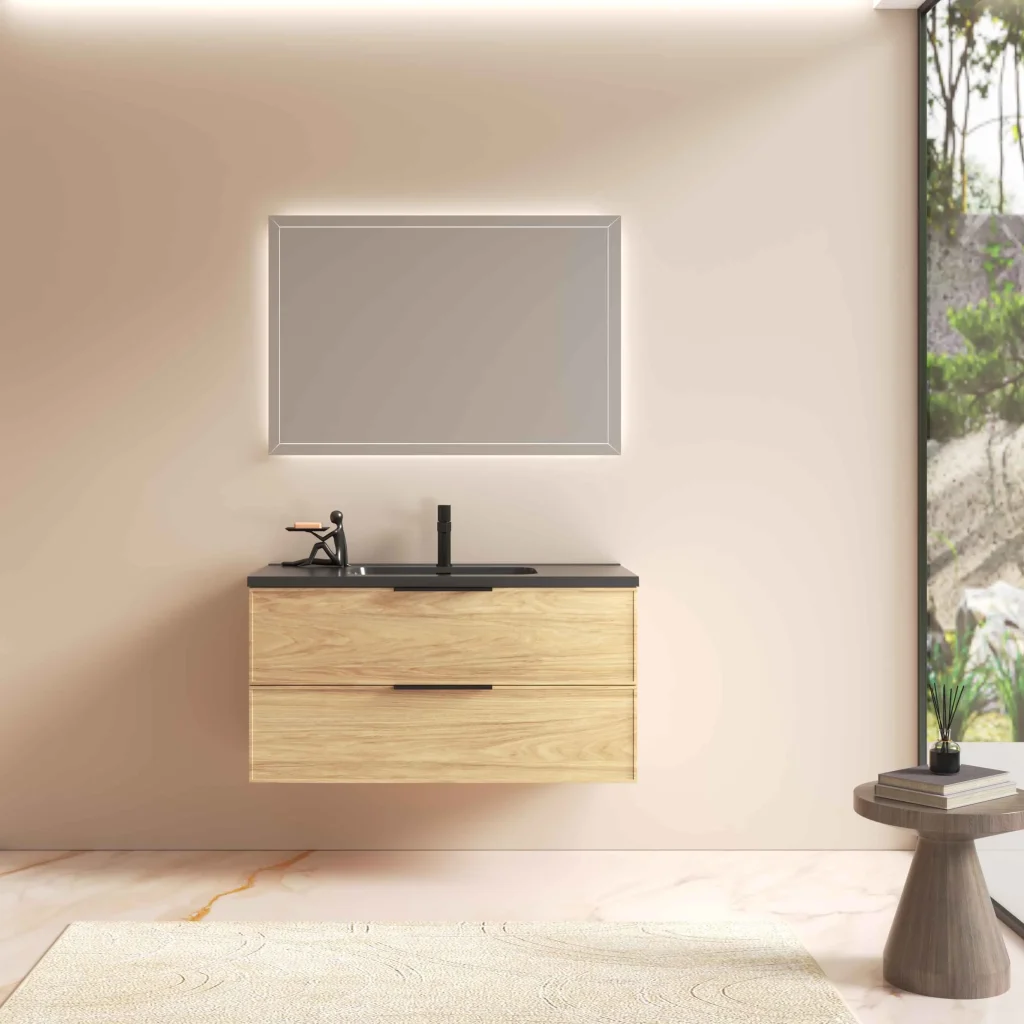 800mm Melamine Wall-Mounted Bathroom Vanity with Black Basin and LED Touch Mirror