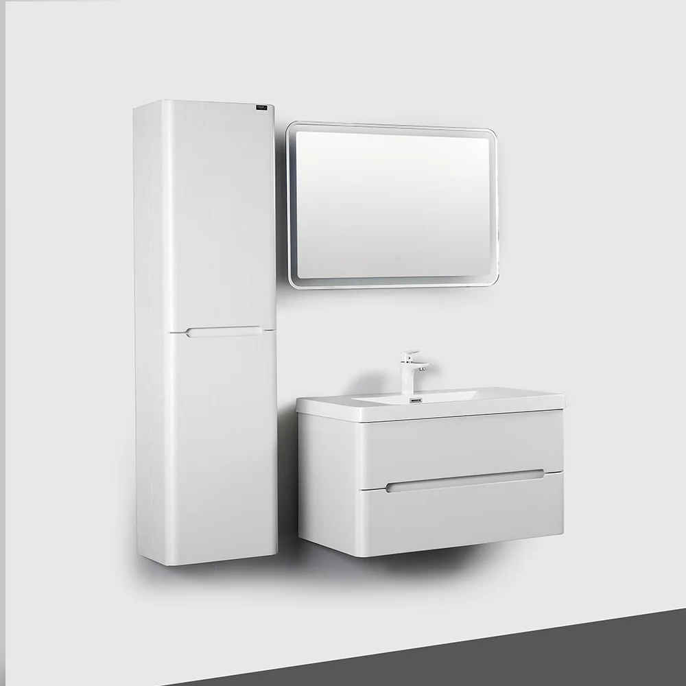 Fully Assembled Wall-Mounted Bathroom Vanity in White Wood Finish, angled view