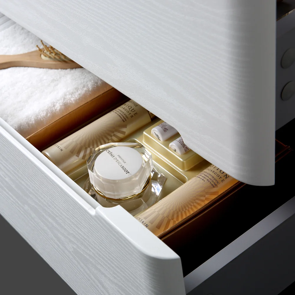 Fully Assembled Wall-Mounted Bathroom Vanity in White Wood Finish, side view