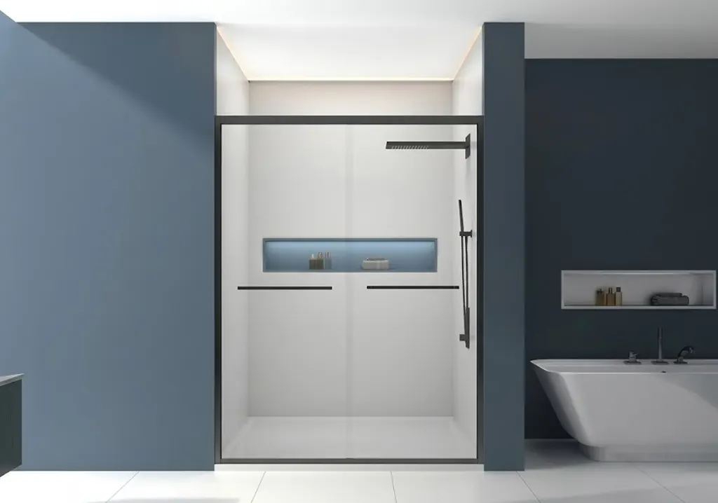 Framed sliding shower door with black profile
