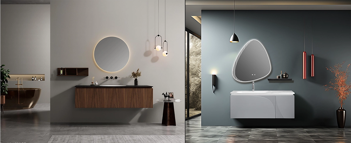 Custom bathroom vanities with LED mirrors in modern bathrooms
