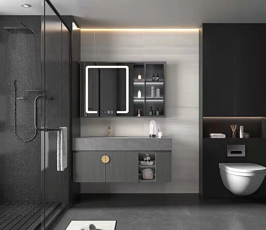 Hotel bathroom vanity with LED mirror cabinet
