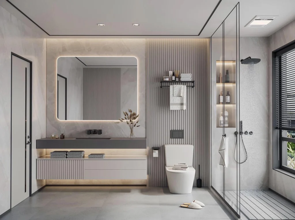 Residential bathroom with floating vanity and LED mirror
